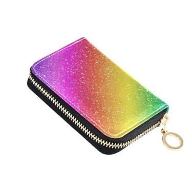 Imagem de Carteira de couro feminina com bloqueio de RFID, carteira de cartão de crédito com zíper e zíper arco-íris gradiente roxo rosa
