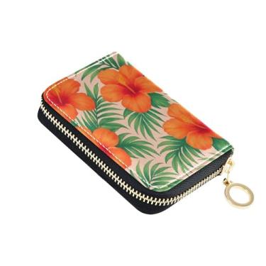 Imagem de Carteira feminina de couro com bloqueio de RFID, carteira feminina com zíper e zíper flores de hibisco tropicais folhas verdes