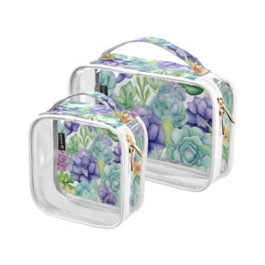 Imagem de Papel de parede floral em preto com aquarela sacos de viagem de plástico transparente com zíper, bolsa de maquiagem para meninas, pacote com 2, Aquarela de plantas suculentas-8, one size