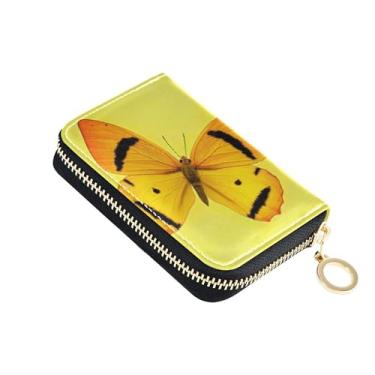 Imagem de Carteira feminina borboleta amarela artística de couro, 9 compartimentos para cartão de crédito e 2 compartimentos para dinheiro, carteira com zíper e bolsa para moedas