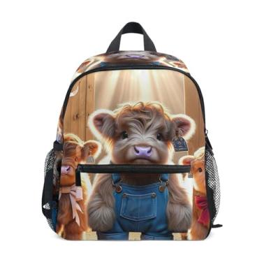 Imagem de GAIGEO Highland Cow Cute Farm Cattle Kids Backpack with Whistle, 2 Bottle Pockets, Lightweight, Travel Backpack for Kids 10x4x12 In, for Ages 3-8