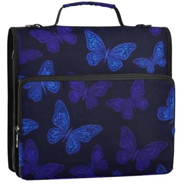 Imagem de Organizador de fichário com zíper, borboletas azuis e roxas, escuras, 3 argolas, resistente, durável, bolsa com alça para armazenamento escolar, pasta de portfólio com alça, 34,5 x 31,5 x 8,9 cm