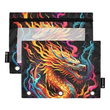 Imagem de Bolsa de lápis com 3 anéis de impressão artística vibrante dragão de fogo arte fichário com zíper bolsa para lápis canetas fichários escolares bolsos transparentes armazenamento 25 cm x 18 cm, 2