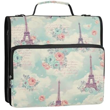 Imagem de 3 fichários para fichários de 3,8 cm com zíper da Torre Eiffel, bolsa organizadora de fichários escolares com alça de ombro, pasta grande para portfólio de armazenamento com alça, 34,5 x 31,5 x 9 cm