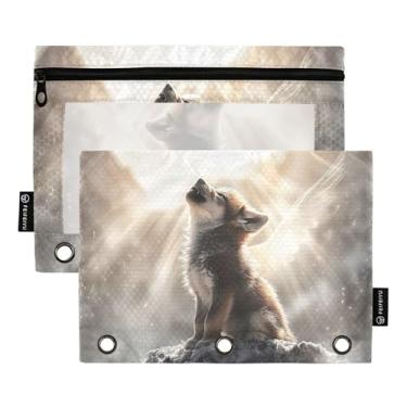 Imagem de Pasta de lápis Work com 3 anéis, estojo de lápis, fichário com zíper, tecido transparente, estojo para canetas, escola, lindo, lobo, uivando, 25 x 18 cm, 2 pacotes