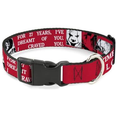 Imagem de Coleira Warner Bros. Filmes de terror para animais de estimação, fivela de plástico para coleira de cachorro, It Pennywise Poses and Quotes Colagem Vermelho Branco Cinza, 28 a 41 cm de largura