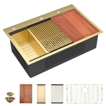 Imagem de Dcolora Pia de cozinha dourada de 91 cm, estação de trabalho com acessórios valiosos, aço inoxidável 304 de aço inoxidável de luxo nano-PVD, 91 x 56 x 25 cm, tigela única grande #DC-T2533012GW