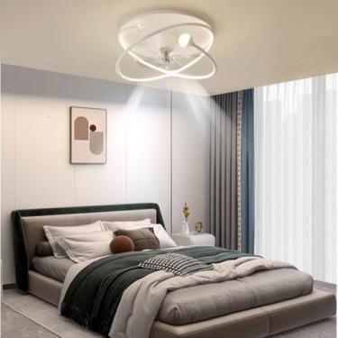 Imagem de Ventilador de teto com iluminação ajustável (3000K-6000K), luminária de teto moderna com LED de 6 velocidades, material em ferro e alumínio, para sala de estar e quarto (branco)