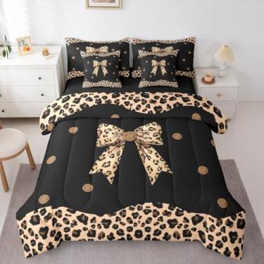 Imagem de Feelyou Conjunto de edredom com laço de leopardo marrom com 7 peças, solteiro, para crianças, meninos, meninas, guepardo, decoração de quarto, microfibra leve e macia