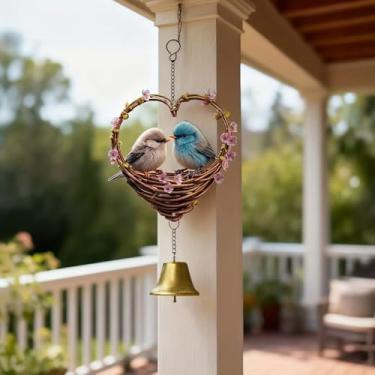 Imagem de Sinos de vento ao ar livre, decoração de coração de acrílico 2D, pássaros românticos pendurados sinos de vento, acessório decorativo para quintal, pátio, varanda, varanda, janela, porta, parede, mãe
