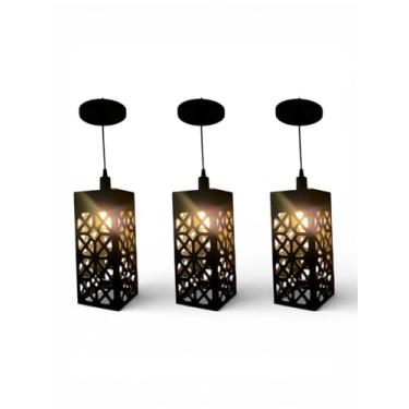 Imagem de Kit 3 Luminárias Lustre Pendente de Teto Geométrica, MDF 3mm, Preto, 30x12 cm
