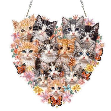 Imagem de DOMROM Kits de pendurar arte de diamante para adultos iniciantes, pingente de gato com pintura de diamante de cristal de formato especial, arte de diamante faça você mesmo, apanhadores de sol, animais
