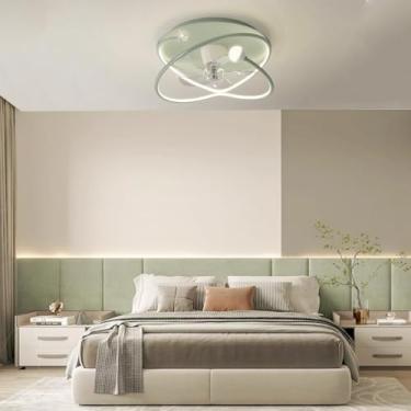 Imagem de Ventilador de teto com iluminação ajustável (3000K-6000K), luminária de teto moderna com LED de 6 velocidades, material em ferro e alumínio, para sala de estar e quarto (verde)