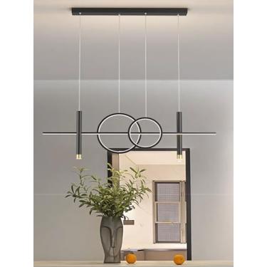 Imagem de Lustre de LED SSHIYUYI com 2 anéis e dimerizável, controle remoto, luminária pendente para sala de jantar, altura ajustável, ideal para ilha de cozinha, escritório e café (Preto, 100 cm)