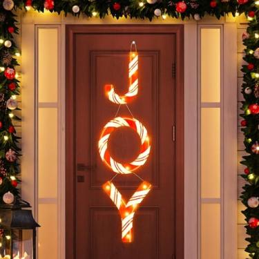 Imagem de 3 peças de enfeite de árvore de Natal de alegria de 30 cm grande guirlanda de porta de luz de Natal rústica de madeira purpurina vermelha letras doces de menta natal pendurada ao ar livre decoração de