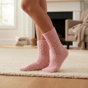 Imagem de 1 par de meias femininas de algodão de inverno, confortáveis, fofas e quentes, adequadas para uso diário, rosa, 21