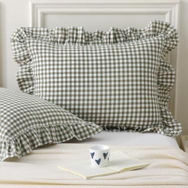 Imagem de Aryeleay Pacote com 2 fronhas de travesseiro xadrez xadrez verde sálvia, branco e marrom, tamanho padrão, 100% algodão lavado, capas de almofada quadriculadas para cama/sofá - 50 x 66 cm