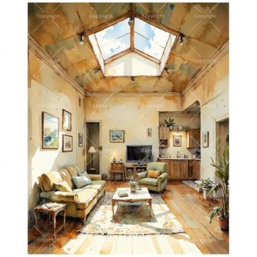 Imagem de TAOPAOLAB Kit de pintura de cena interior por números para adultos - DIY brilhante sala de estar com pintura de claraboia em tela 40,6 x 50,8 cm, conjunto de tinta acrílica, adequado para iniciantes