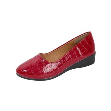 Imagem de Sapatos femininos com bico redondo sem cadarço e salto baixo confortável, Vermelho, 35