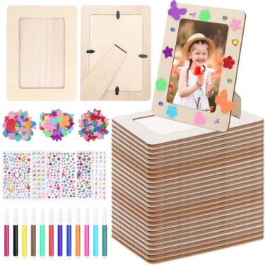 Imagem de SAYAYA Pacote com 40 molduras de madeira faça-você-mesmo a granel 10 x 15 cm, molduras de madeira maciça inacabadas, com adesivos e canetas de aquarela, artesanato faça você mesmo, madeira para