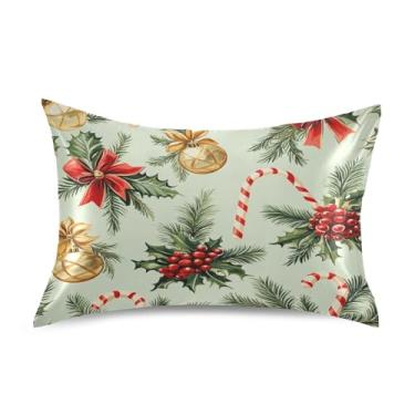 Imagem de SEHANY Fronha de seda verde com sinos de Natal para cabelo e pele, capa de almofada respirável super macia e macia com envelope para casa, quarto, hotel, padrão 50 x 76 cm