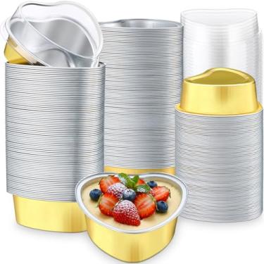 Imagem de Gandeer 200 peças de mini formas de bolo em forma de coração com tampas, 100 ml 96 g pequenas formas de bolo descartáveis de folha de alumínio para cupcake, sobremesas, pudim, copos de suflê, suporte