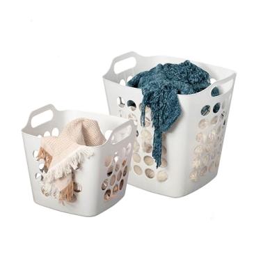 Imagem de Basicwise Conjunto de 2 cestos de plástico com alças grandes e pequenas cestas ventiladas para armazenamento e organização de roupas, caixotes empilháveis leves para quarto, banheiro, dormitório e