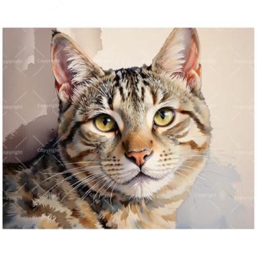 Imagem de Kit de pintura por números de animais de estimação para adultos - DIY aquarela gato malhado com olhos amarelos pintura em tela 30 x 40 cm, conjunto de tinta acrílica emoldurada, adequado para