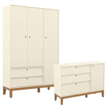 Imagem de Cômoda Sapateira e Guarda Roupa Unique 3 Portas Off White Eco Wood - M