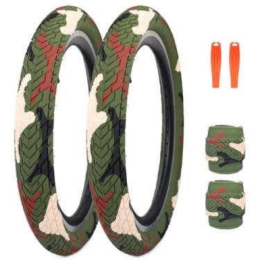 Imagem de FOMAS Pneu infantil de 50,8 x 6 cm colorido antiderrapante dobrável para todos os terrenos com alavancas para bicicleta dobrável BMX Mountain (Camougreen - pacote com 2, 50,8 x 6 cm)