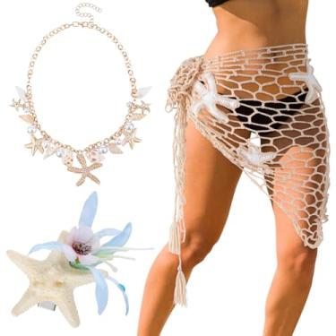 Imagem de Chicingyou 3 peças fantasia de sereia de Halloween feminina saia de crochê sarongue colar de cobertura de cabelo estrela do mar flor grampos de cabelo concha colar de pérola acessórios cosplay