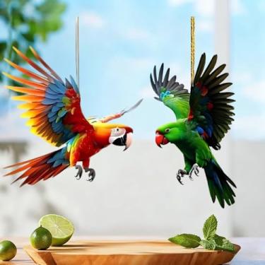 Imagem de Conjunto de enfeites de papagaio de acrílico com 2 peças - decoração de pendurar arara colorida e papagaio verde com corda dourada para árvore de Natal, espelho de carro e casa/GJ-T01
