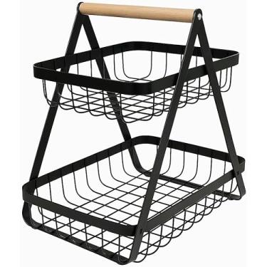 Imagem de Fruteira Cesto de Mesa 2 Andares em Metal Preto com Alça de Madeira pequena – Cesta Organizadora de Frutas Decorativa para Cozinha e Sala (preto) Premium