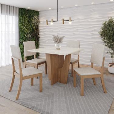 Imagem de Conjunto Sala Jantar Mesa Vértice 90cm Canto Reto com Vidro 4 Cadeiras Milla Marrom/Off White