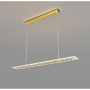 Imagem de Luminária de mesa de jantar LED com regulagem de intensidade e controle remoto, ideal para sala de jantar e sala de estar. Design moderno e retangular, altura ajustável, estrutura em ferro e