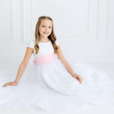 Imagem de Vestido Infantil Longo Branco com Tule e Faixa Rosa Bebê Serenity Dami