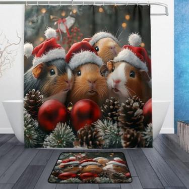 Imagem de xigua Lindos porquinhos da índia usando chapéus de Natal conjuntos de tapetes de cortina de banho 2 peças, conjunto temático de banheiro (152 x 182 cm) com cortina de chuveiro e tapete antiderrapante