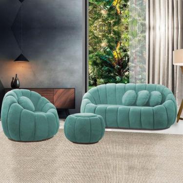 Imagem de Sofá 2 Lugares Com Puff E Poltrona Orgânica Fixa Cloud Bouclê E03 - D`rossi Cor Azul Turquesa