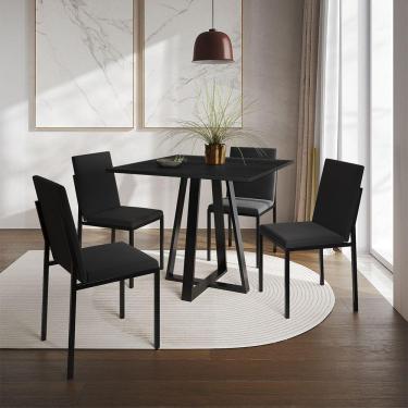 Imagem de Conjunto De Jantar Mesa Mônaco 90Cm Tampo Preto Com 4 Cadeiras Estofadas Pretas - Cor: Preto