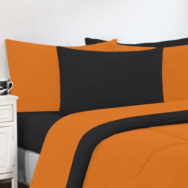 Imagem de Kit Edredom + Jogo De Lençol 100% Algodão Gran Moratta 7 Peças Queen Laranja preto