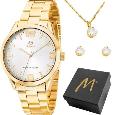 Imagem de Relogio Aço Inox Banhado Feminino + Colar Brincos + Caixa Casual Strass Original Dourado Presente
