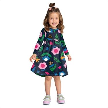 Imagem de Vestido Kyly Infantil Menina Manga Longa Azul Marinho Floral-Feminino