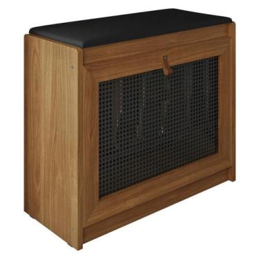 Imagem de Sapateira Banco Estofado Preto Porta Ratan Madeira Maciça - Carisma