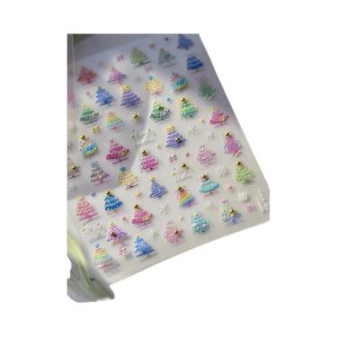 Imagem de Adesivos De Unha De Natal Com Floco De Neve Rosa, Decalques De Unha 5D