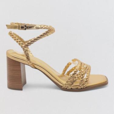 Imagem de Sandália Sapato da Corte Salto Bloco Alto Tiras Trançadas, Dourado, 36