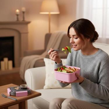 Imagem de Kit Saladeira 2 Níveis com Talher 1,1L Rosa - Saladeiras para Salada M