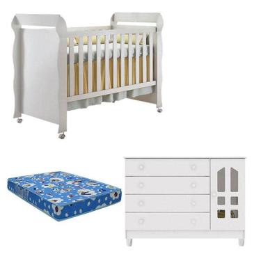 Imagem de Berço Americano Mirelle e Cômoda Infantil Gran Selena Branco Brilho com Colchão Ortobom...
