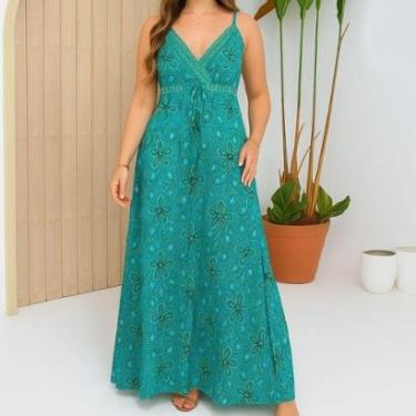 Imagem de Vestido Longo Indiano FMF Azul Estampado Floral Geométrico-Feminino