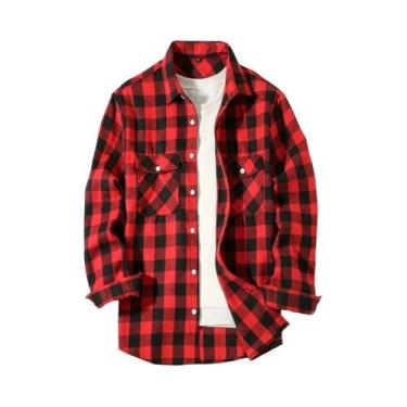 Imagem de Camisa Masculina De Flanela Xadrez Vermelha De Manga Longa, Moda Prima