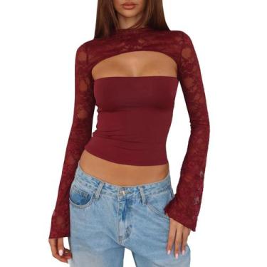 Imagem de Conjunto de blusa e encolher de ombros de renda transparente de manga 